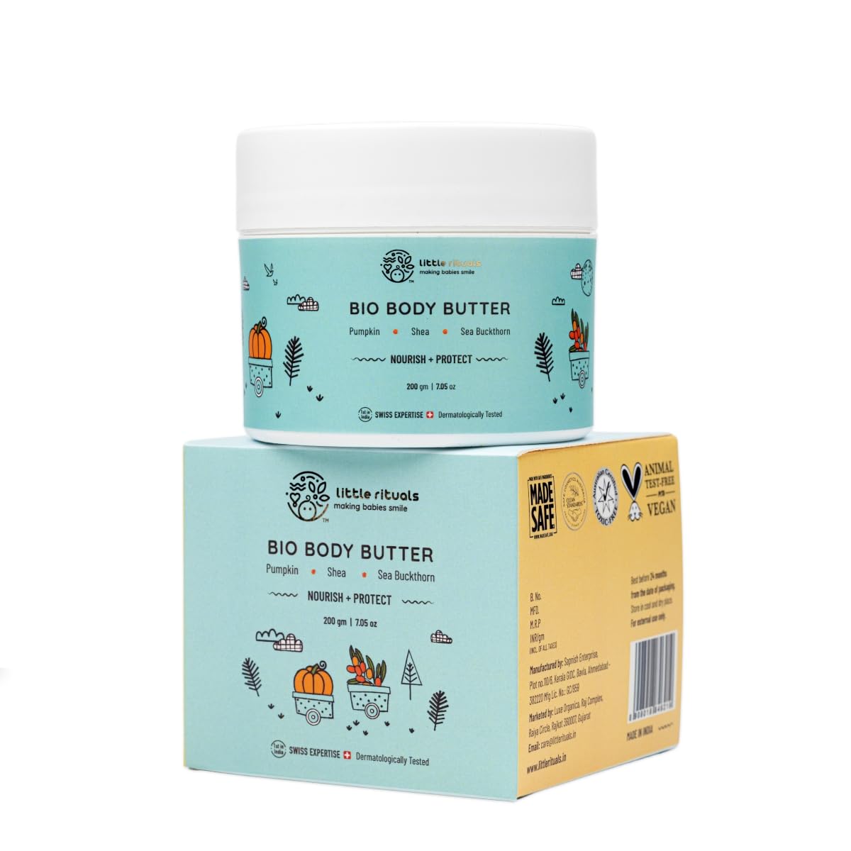 Little Rituals Baby BIO BODY BUTTER - NOURISH+ PROTECT Formulated with best plant botanical -PUMPKIN & SHEA BUTTER, SEABUCKTHORN OIL. Natural, Organic, Dermat tested, SWISS Technology (200 gm)