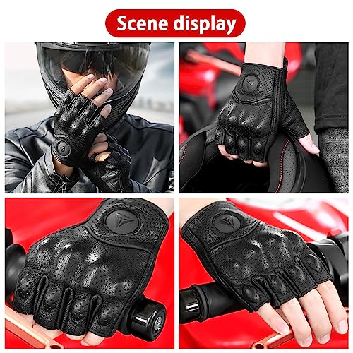 Mightyduty Leather Motorcycle Gloves Fingerless, Summer Motorcycle Gloves With Knuckle Protection Waterproof Driving Gloves Windproof Riding Gloves For Atv Black #TOP5