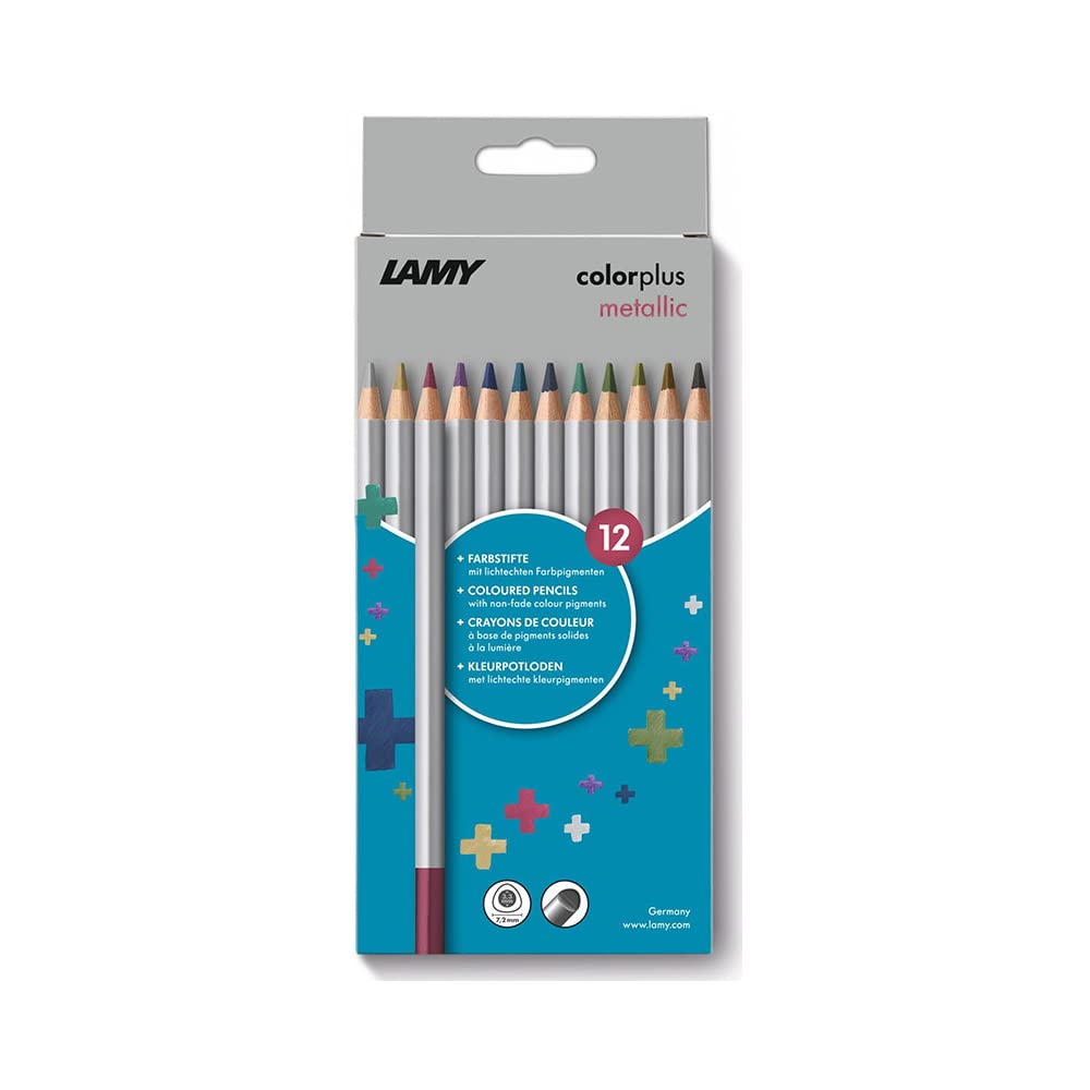 Lamy colorplus metallic folding box with 12 coloured pencils, bright colour motifs, made of solid lime wood with ergonomic triangular shape, thick lead diameter 3.3 mm, coloured pencil diameter 7.2 mm