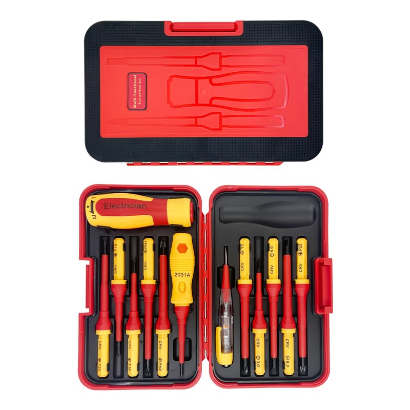 Insulated Screwdriver Set 14 Pcs Magnetic Tips 220V Insulated Handles Interchangeable Phillips Flathead CRV Steel Electrical Screwdriver Set with Case for Home DIY and Appliance Repair