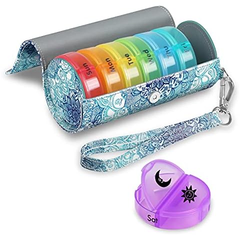 FINPAC Pill Organiser 2 Times A Day, Large Weekly AM PM Pill Box with Carrying PU Leather Case for 7 Days Medication Care, Round Medicine Vitamin Dispenser Container and Holders, Emerald Illusions Cover