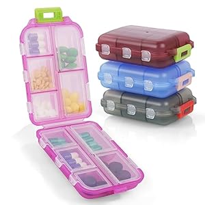 ACWOO Pill Box Organizer, 4-delige draagbare medicijnopbergdoos met 10 vakken, pillendoosje Pillendispenser voor vitamines, levertraan, supplementen en medicijnen voor reizen en werk