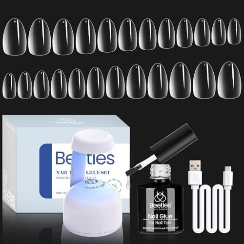 Beetles Gel Nail Kit Almond, 504Pcs Pre Shaped Clear Extra Short Almond