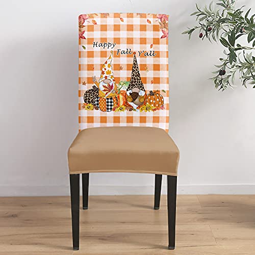 Z&L Home Dining Room Chair Covers Fall Gnomes With Pumpkin Fall Harvest, Washable Removable Stretch Slipcovers, Retro Buffalo Grid Seat Protector Cover For Hotel, Banquet, Wedding Party, 6Pcs #TOP3