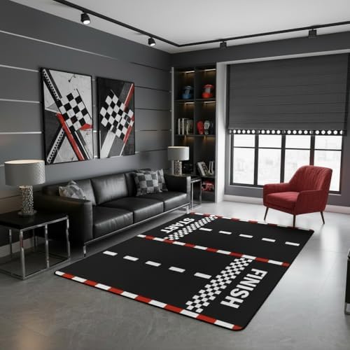 Castle Fairy Race Car Track Rug 5x6'6'',Start and Finish Decor Non Shedding Rug for Bedroom Playroom Bedside,Checkered Flag Extreme Sports Decorative Indoor Floor Mat for Adults Kids
