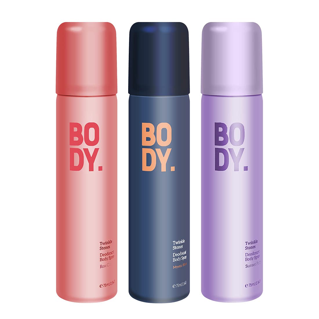 Miniso Twinkle Stones Deodorant Body Spray For Unisex (Mystic Blue+Rose Cloud+Sunset Purple), 75Ml X3