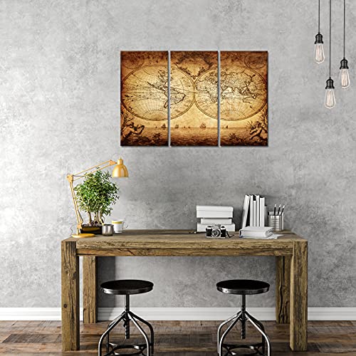 Ilooklike 3 Panels Vintage Map Canvas Prints Wall Art Brown World Map Picture Posters Retro Map Of The World Paintings For Modern Office Classroom Walls Decoration Ready To Hang Each Panel 16X32Inch #TOP1