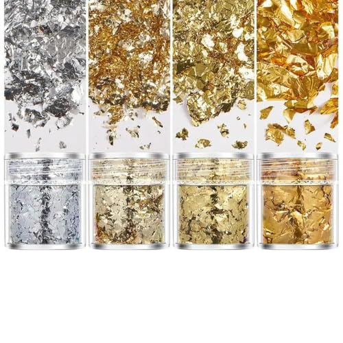 Juego de 4 botellas de copos de pan de oro, lentejuelas, purpurina, relleno de resina epoxi, papel de aluminio dorado, molde de silicona de resina para bricolaje, arte de uñas, fabricación de joyas
