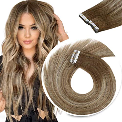 Hair Extensions Tape in Balayage Medium Brown Mix Platinum Blonde Tape in Extensions Real Human Hair Highlight #6/60/6 20inch Skin Weft 50g 20pcs