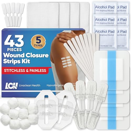 43 Pcs Wound Closure Strips Kit - Butterfly Bandages 4 Types - Zip Suture Bandages Gauze Pads PU Dressings Alcohol & Cotton Swabs - Emergency Wound Closure Kit for Cuts Lacerations & Abrasions