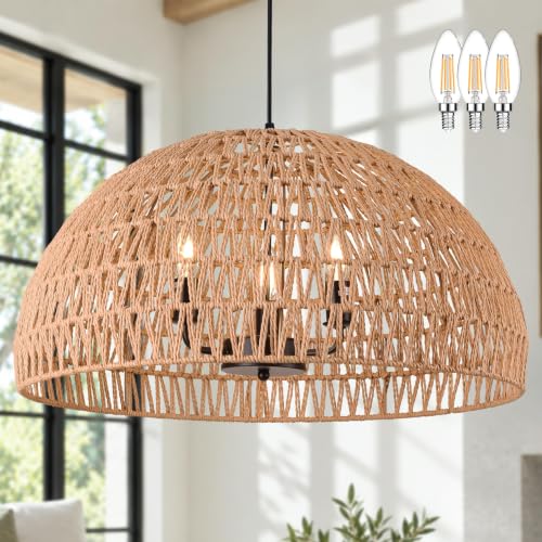 AyshwillDec 24" Brown Woven Pendant Light Boho Chandelier Dome Rustic Farmhouse Chandelier Wicker Pendant Light Rattan Light Fixture for Dining Room Living Room Bedroom Kitchen Island Foyer(Bulb Incl)