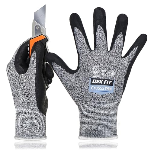 Image of DEX FIT 15-Gauge Level 4 Cut Resistant Gloves, Cru553 Thin, 3D Comfort Stretch Fit, Power Grip, Durable Foam Nitrile, Smart Touch & Lightweight, Machine Washable, Grey Small 1 Pair