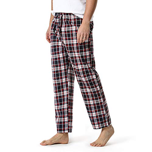 Cicilin Calças de pijama masculinas de flanela de algodão xadrez com bolsos, Xadrez 7, G