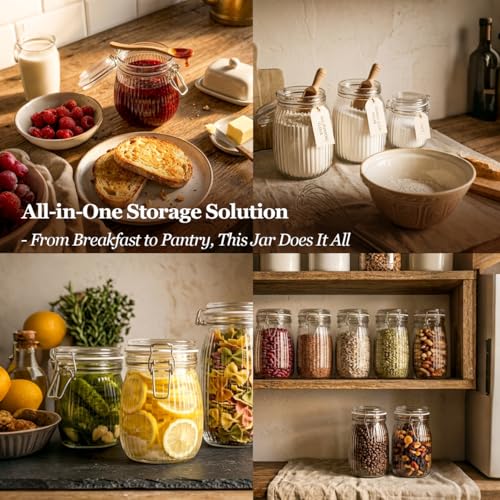 Image of ComSaf Ribbed Glass Jars with Airtight Lids 17oz 6 Pack Wide Mouth Pickling
