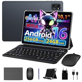 VekfulPC Android 16 Tablet 10 Inch, Android Tablet with Keyboard, Gemini Ai 2.0, 24GB +256GB/2TB, 8MP AI Camera, Widevine L1, Fast Charge, 2 in 1 with Mouse and Stand, 4 Years Warranty, 5G WiFi