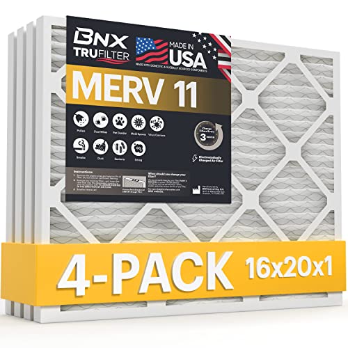 Image of BNX TruFilter 16x20x1 Air Filter MERV 11 (4-Pack) - MADE IN USA - Allergen Defense Electrostatic Pleated Air Conditioner HVAC AC Furnace Filters for Allergies, Dust, Pet, Smoke, Allergy MPR 1200 FPR 7