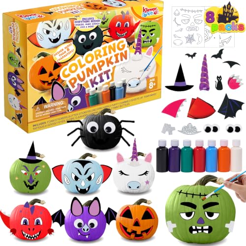 Klever Kits Halloween Pumpkin Decorating Kit, Halloween Painting Kits Party Favors for Kids, Arts and Craft Party Supplies, DIY Coloring Pumpkin Decorations, School Activities Games