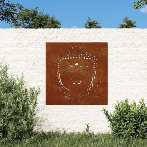 Décoration murale acier Corten Bouddha 55x55cm rouille extérieur