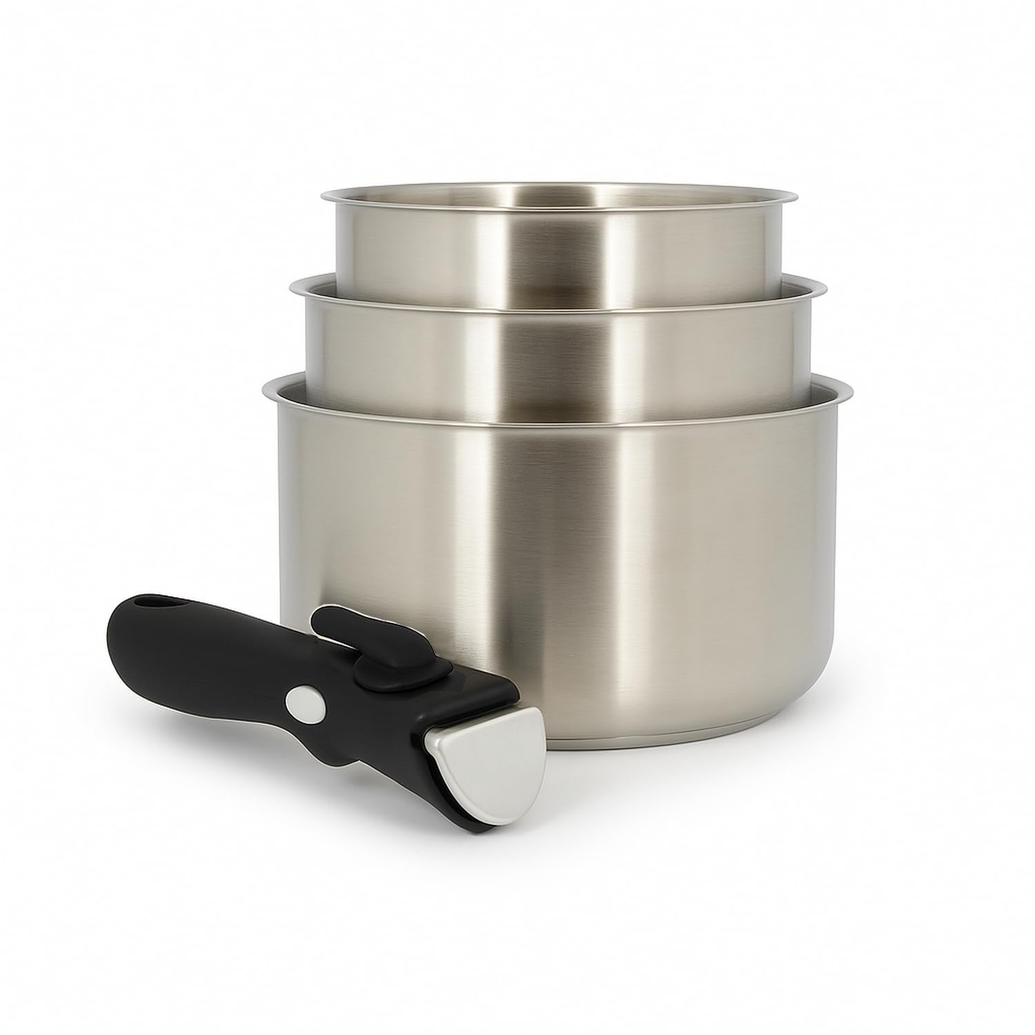 MENASTYL - Lot de 3 casseroles inox 18/10 amovibles Iris Inox sans PFAS - Tous feux dont induction, four, réfrigérateur et lave-vaisselle - Empilables et résistantes - Poignée double sécurité