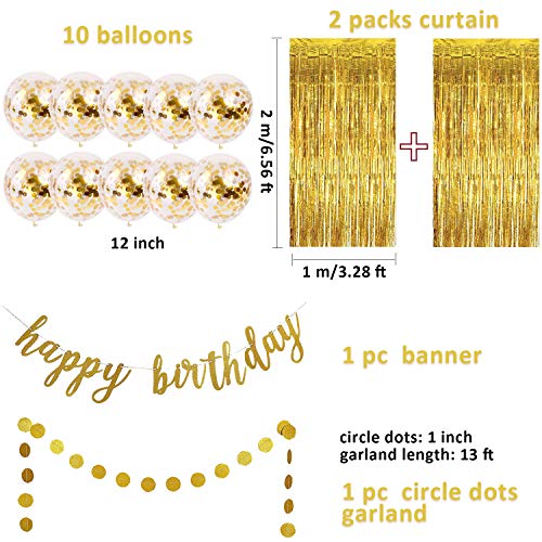 Gold Birthday Party Decorations Set - Gold Glittery Happy Birthday Banner, Circle Dots Garland, Gold Confetti Balloons, Metallic Tinsel Foil Fringe Curtains Party Photo Backdrop for Birthday Party Decorations - Thumbnail 2