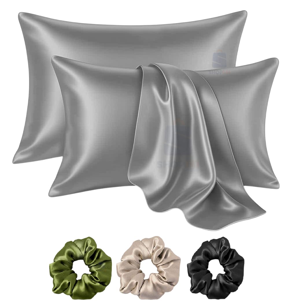 Satin Silk Pillow Cover for Hair and Skin 2 Piece with 3 Piece Satin Silk Scrunchies Free Solid Pillow Covers with Envelope Closure (Gray)