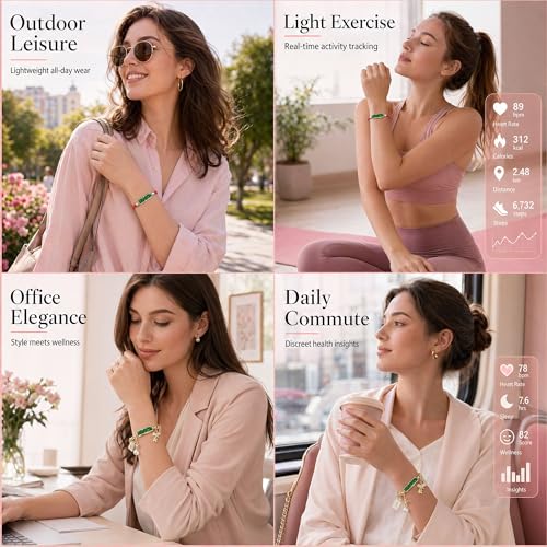 Image of 2-in-1 Crystal-Inlaid Smart Bracelet for Women, Jewelry Fitness Tracker with Heart Rate, Sleep & Cycle Tracking, IP68 Waterproof, Interchangeable Bands (Gold Emerald Charm)