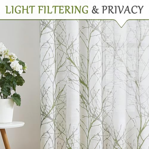 FMFUNCTEX Semi Sheer Linen Curtains, Green and White Curtains 84 Inches Long for Living Room, Tree Branch Pattern Print Drapes for Bedroom, Light Filtering Privacy Grommet Window Curtains 2 Panels by FMFUNCTEX - Image 3