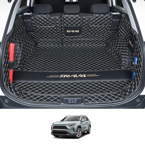 USUNE 新型 RAV4 50系 (2019年4月〜現行)専用 ラゲッジマット トランクマット フルカバー設計防水 レザー製 カスタムポケット付き|耐摩耗・防汚・滑り止め・リアカーゴ保護マット,黒+ベージュ