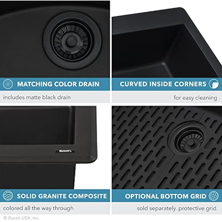 Ruvati Midnight Black Granite Composite 33 in. x 22 in. Single Bowl Drop-in Topmount Kitchen Sink RVG1033BK