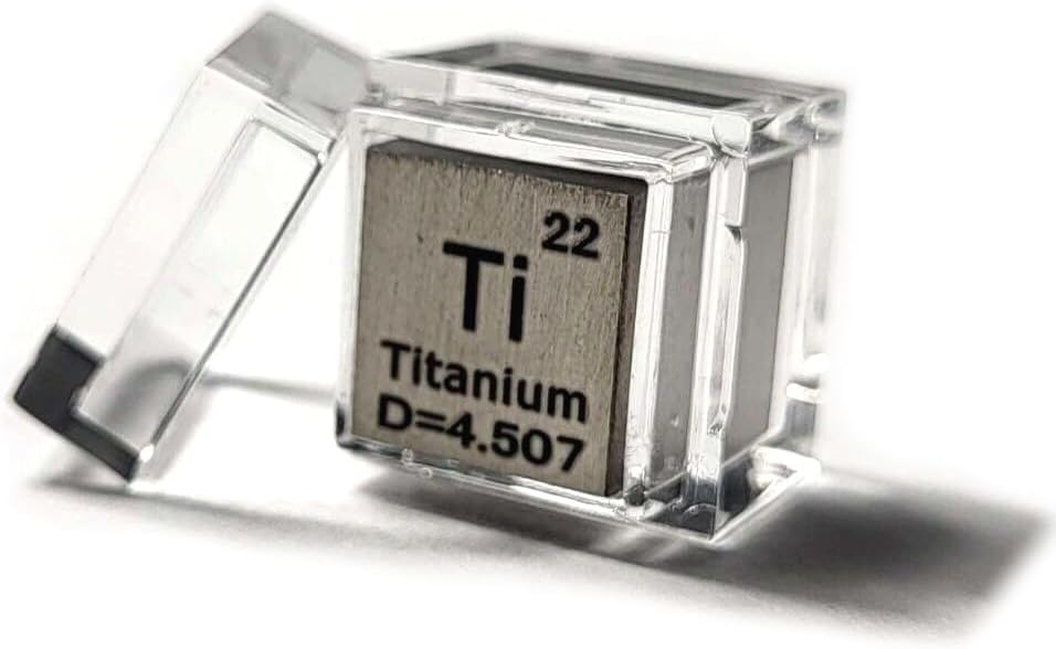 0.39" 10mm Titanium Metal Cube Ti up to 99.9% Pure Periodic Table Element Engraved Density Collection Science Education Display Block Cube + Acrylic Case Box - 1PC