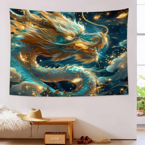Tapiz de pared del dragón oriental SMBHIAON, paño decorativo cian de 150 x 150 cm 4