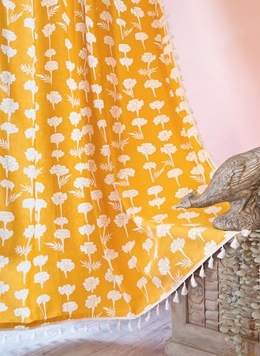 Image of Tranquebar Curtain Co. Yellow Curtains 7 Feet Long, 60-65% Room Darkening, Marigold Floral Print, Cotton Curtains for Window, Boho Curtains with Tassel Lace, BackTabs, Design UTSA (213 cm) - 1 Piece