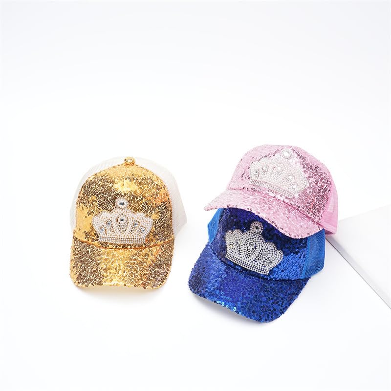 Sparkling Princess Hat Crown Sequin Mesh Baseball Cap Breathable and Adjustable Summer Sun Hat for Outdoor Play and Sun Protection Royal Blue3