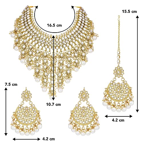 Image of Peora Kundan & Beads Studded Necklace Earrings & Maangtikka Set Ethnic Jewellery for Women & Girls