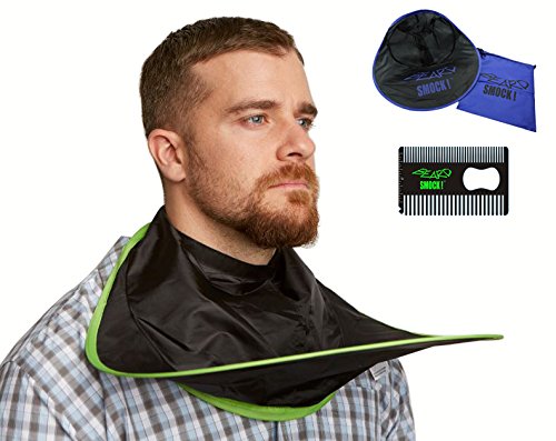 BEARD SMOCK Pop-Up Beard and Mustache Hair Trimming Catcher. Mess Free Shaving and Grooming. Faster Setup then Beard Aprons, Bibs, No Suction Cups or Loose Parts (Blue w/ Beard Comb)