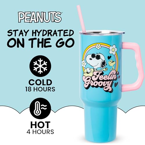 Image of Silver Buffalo Peanuts Featuring Snoopy and Woodstock Feelin' Groovy Double Walled Stainless Steel Tumbler with Handle and Straw, Fits in Standard Cup Holder, 40 Ounces