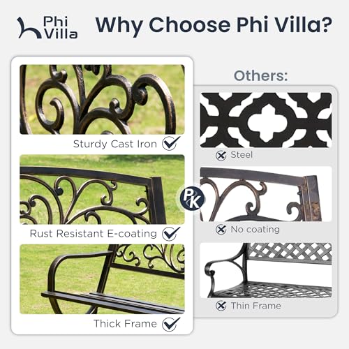 PHI VILLA Metal Garden Bench Cast Iron Backrest Steel Frame 2-3 Seater Outdoor Bench Floral Design Backrest, Slatted Seat for Park, Yard & Porch, Bronze - Image 6