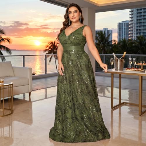 Image of Plus Size Formal Dresses for Women with Embroidery Sequin and V-Neck, A-Line Maxi Dress for Wedding and Cocktail