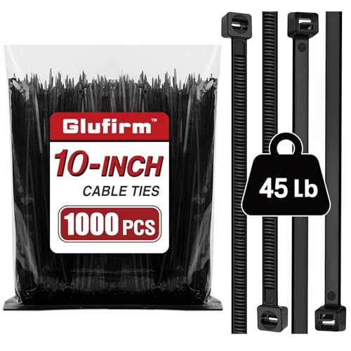 Zip Ties 10 inch (1000 Pack) Black Cable Ties 45lb Tensile Strength Wire Ties Glufirm
