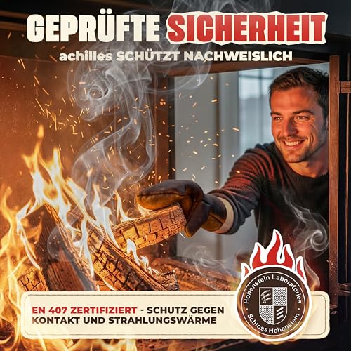 achilles Kaminhandschuh, Entspricht Norm EN407, Mit Thermoisolierung, Ofenhandschuh aus Leder, Schutzhandschuh feuerfest, Grillhandschuh, hitzebeständiger Leder Handschuh, schwarz