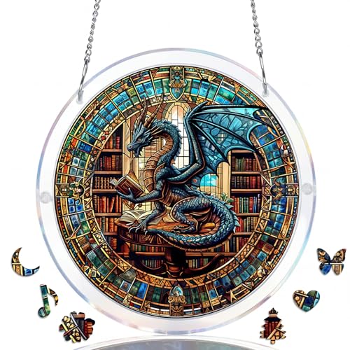WOODBESTS Acrylic Jigsaw Puzzle Suncatcher 83 Pieces-Librarys Dragon DIY Acrylic Puzzle Sun Catcher Window&Garden Decor Unique Gifts for Mom Women Wife Sisters Aunt Besties 7.4in