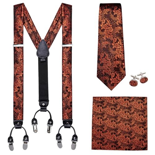 Image of Barry.Wang Men Suspender Set with Necktie Elastic Y Type Heavy Duty 6 Clips Braces Tie Handkerchief Cufflink Pin 6PCS