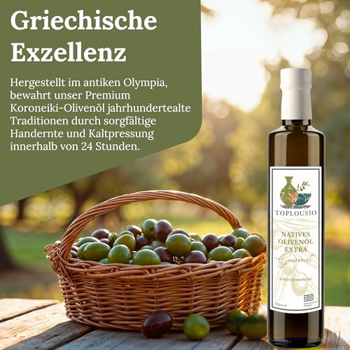 TOPLOUSIO Extra Natives Olivenöl – 750 ml Kaltgepresst, Premium Koroneiki Oliven, Authentisches Griechisches Olivenöl aus dem Antiken Olympia