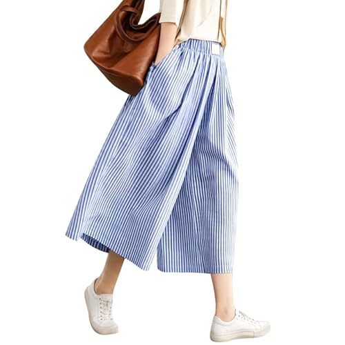 Marvmys Women's Cotton Capri Pants Plaid Gingham Elastic Waist Casual Wide Leg Palazzo Culottes Pants with Pockets S-2XL Small Blue White Stripe