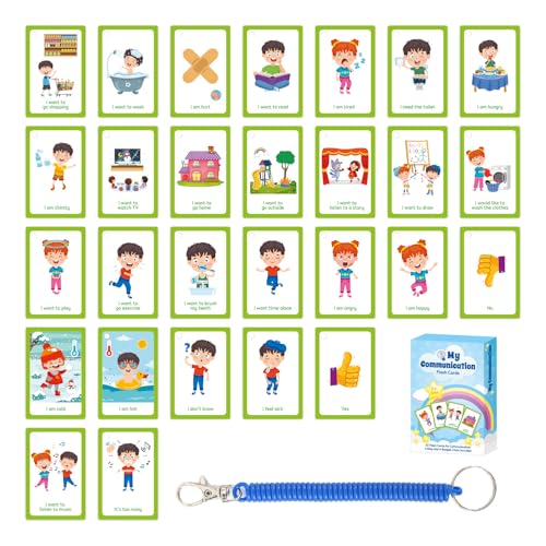 SZSMART Special Needs My Communication Cards Lot de 32 cartes flash parlantes avec une chaîne élastique à anneau, carte d'aide visuelle pour retard de parole non verbal pour enfants et adultes