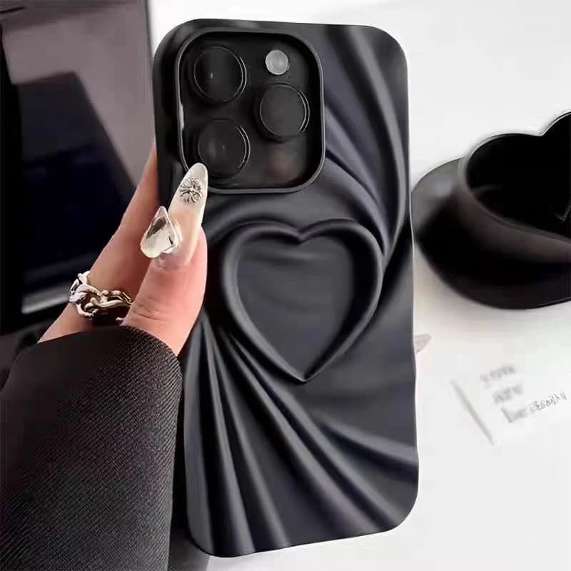 Image of COVERLY Heart Shape Design Back Case Cover for iPhone 15 Pro Max | Hot 3D Embossed Wrinkle Cute Silk Pattern | Love Trendy Matte TPU | Soft Silicone Fashion Aesthetic Cover for Girls & Women (Black)