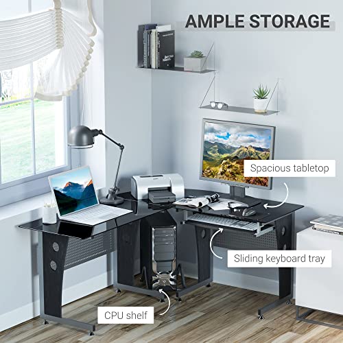 Homcom L-Shaped Corner Computer Desk Gaming Table Home Office Workstation Glass Top P2 Mdf With Keyboard Tray - Black #TOP3