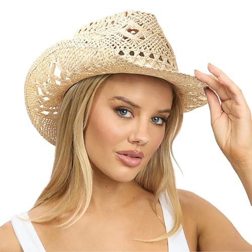 Image of DRESHOW Straw Cowboy Cowgirl Hat for Women Men Western Coastal Cowboy Beach Hat with Shapeable Brim Unisex Rolled up Caps