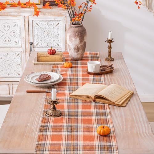 Plaid Fall Thanksgiving Table Runner, Autumn Holiday Rust Orange Table Runners 72 inches Long, Harvest Decorations Farmhouse Home Kitchen Dining Party Decor