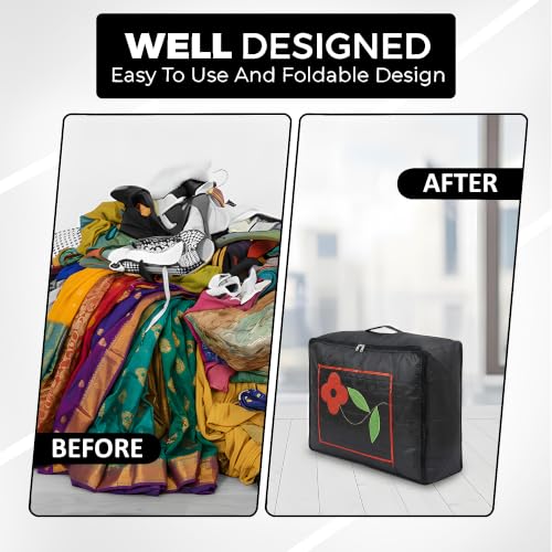 Image of Kuber Industries 2 Pcs Parachute Saree Cover for Storage with Zip Closure | Wardrobe Organizer for Storage | Saree Organiser for Wardrobe | Embroidery Design - Black
